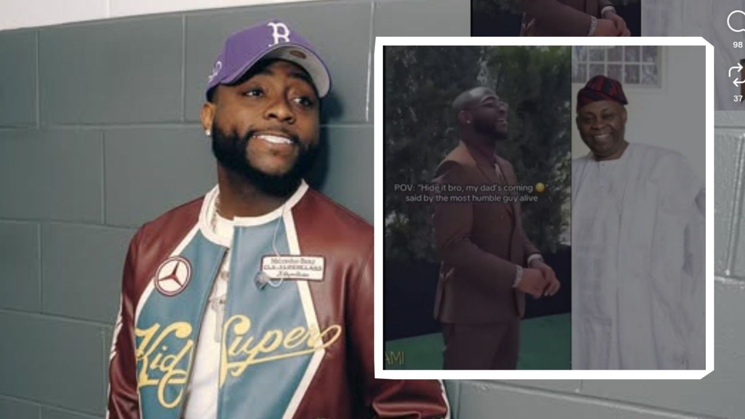 Davido smiling in a casual jacket and purple cap (left), with an inset showing him laughing in a brown suit next to his father, Adedeji Adeleke, who is dressed in white traditional attire (right).