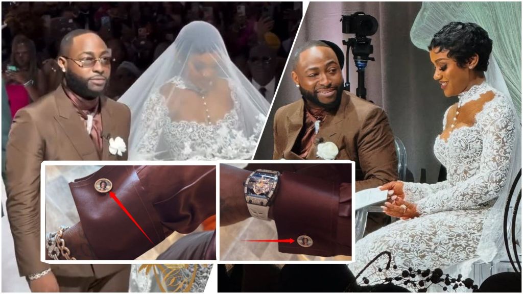 Davido and Chioma at their wedding ceremony in Miami, with Davido wearing custom cufflinks bearing a photo of their late son, Ifeanyi, and a luxury wristwatch.