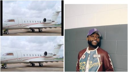 Nigerian singer Davido poses in a casual jacket and purple cap, while on the left side of the collage, two images show his billionaire father Dr. Adedeji Adeleke’s third private jet, a white aircraft with red stripes and registration number M-ADEL parked on the tarmac.