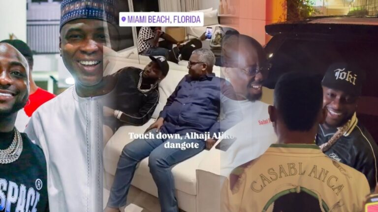 Collage showing Davido with Bukola Saraki smiling, Davido seated with Aliko Dangote in Miami Beach, Florida, and Davido laughing with Obi Cubana outside at night.