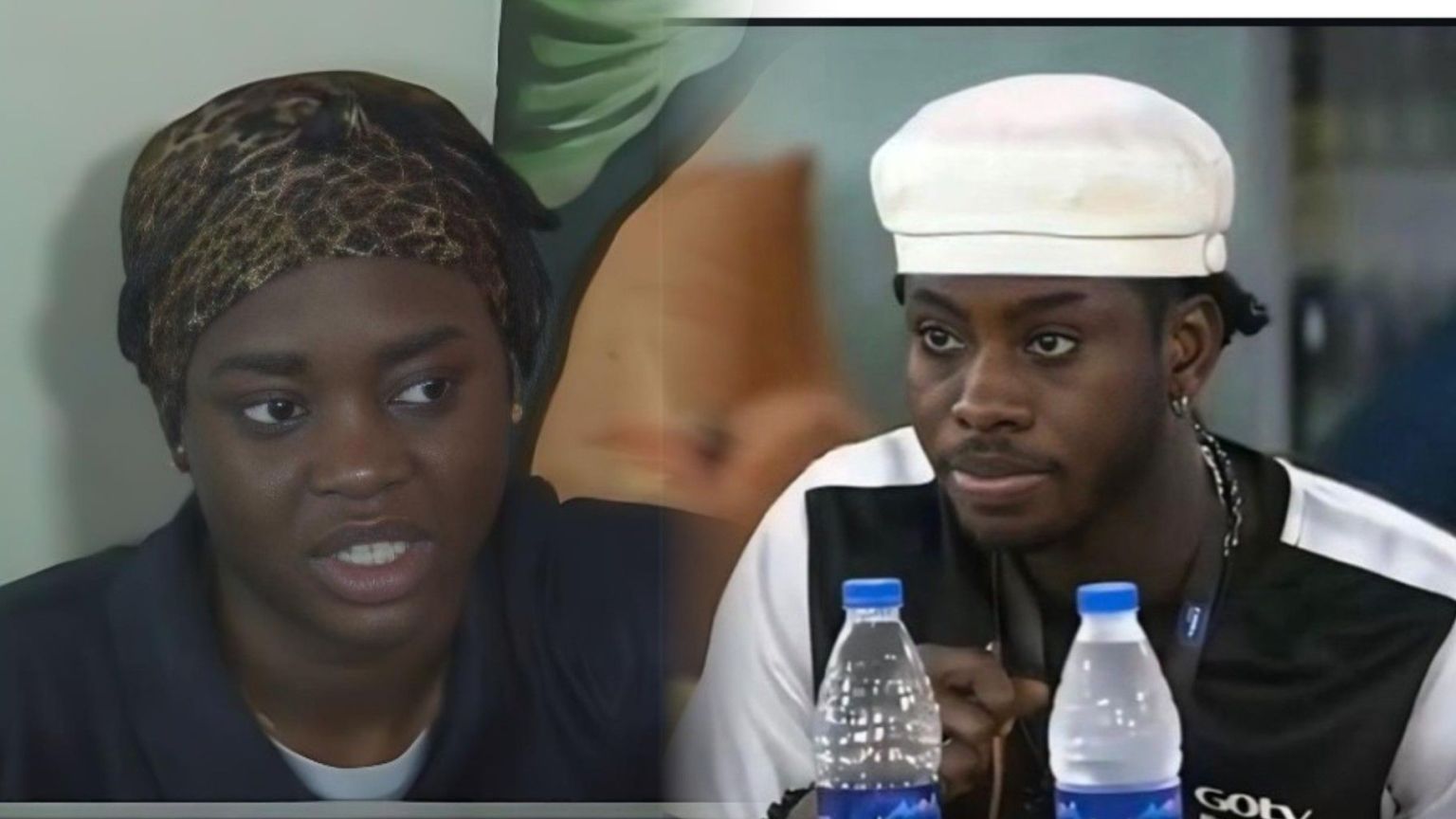 BBNaija Season 10 housemates Dede and Koyin pictured during a serious conversation inside the house; Dede wears a leopard-print headscarf while Koyin, dressed in a black-and-white shirt with a white cap, sits at a table with water bottles.