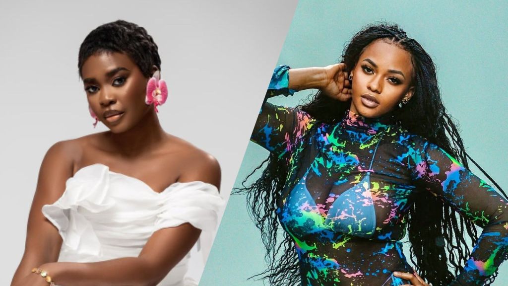 BBNaija Season 10 housemate Dede posing in an elegant white off-shoulder outfit with pink floral earrings beside former BBNaija star Victoria, who is wearing a colourful sheer print outfit with long braids.