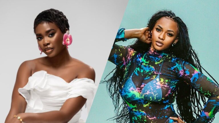 BBNaija Season 10 housemate Dede posing in an elegant white off-shoulder outfit with pink floral earrings beside former BBNaija star Victoria, who is wearing a colourful sheer print outfit with long braids.