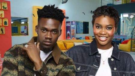 BBNaija Season 10 housemates Jason Jae and Dede posing together inside the Big Brother Naija house.