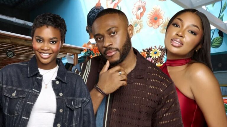 BBNaija Season 10 housemates Dede, Kola, and Mode pose stylishly in front of a colourful floral wall inside the Big Brother house.