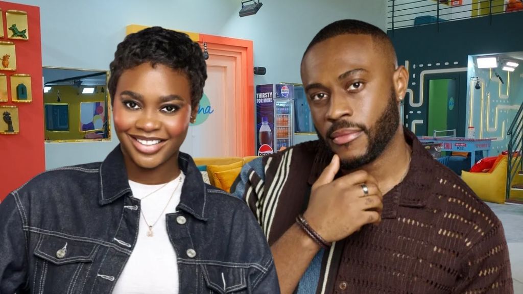 BBNaija Season 10 housemates Dede and Kola pose together inside the Big Brother Naija house, smiling confidently at the camera.