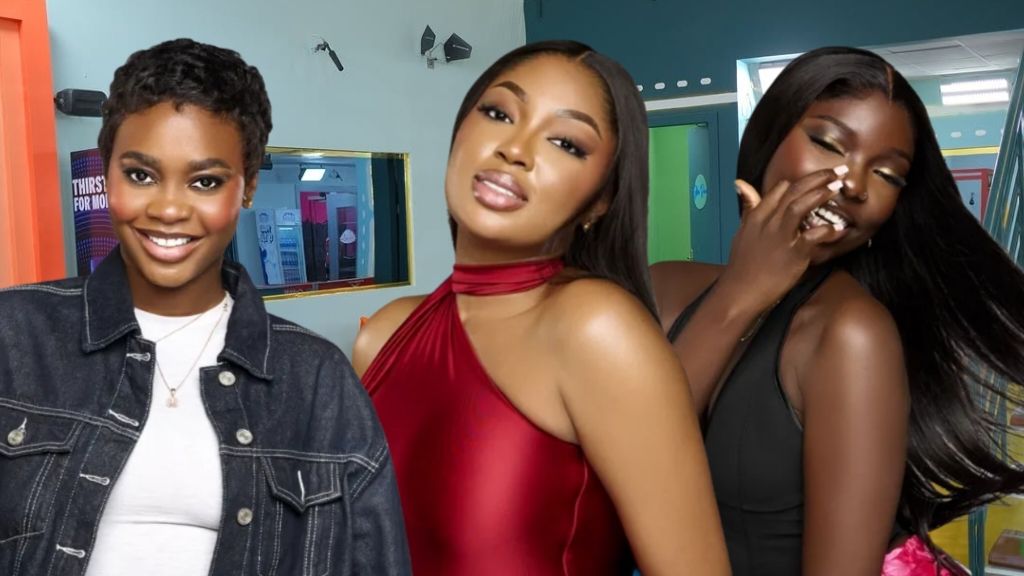 BBNaija Season 10 housemates Dede, Mide, and Zita smiling and posing inside the Big Brother Naija house.