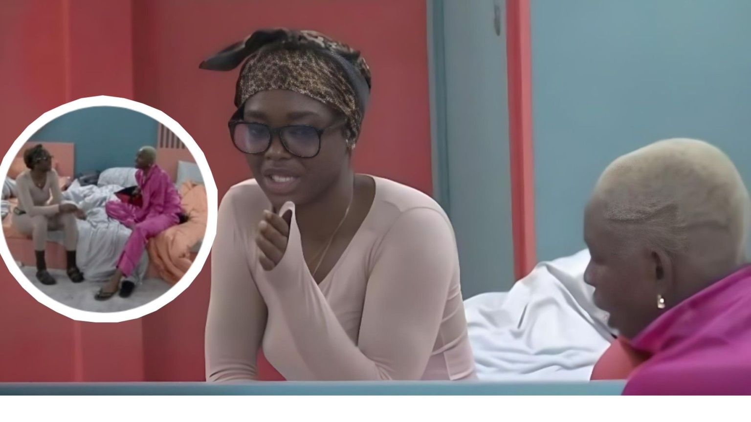 BBNaija Season 10 housemates Dede and Joanna have a late-night chat in the bedroom, with Dede speaking while Joanna listens attentively. An inset shows both housemates sitting together on the bed during their discussion.