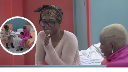 BBNaija Season 10 housemates Dede and Joanna have a late-night chat in the bedroom, with Dede speaking while Joanna listens attentively. An inset shows both housemates sitting together on the bed during their discussion.