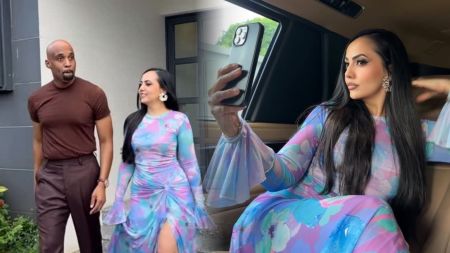 Collage of Nigerian businessman Dilly Umenyiora and his wife Anastasia Malandrenia. On the left, they walk side by side outdoors, with Dilly in a brown outfit and Anastasia in a long, colourful floral dress with a thigh-high slit. On the right, Anastasia sits in a car wearing the same dress, taking a selfie with her phone.
