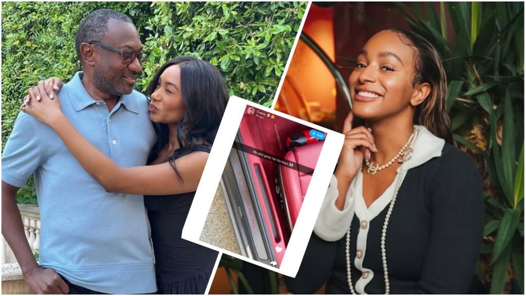Nigerian billionaire Femi Otedola shares a warm moment with his daughter, DJ Cuppy, as they pose outdoors. Inset shows DJ Cuppy’s Snapchat post of luxury car keys gifted by her father. Another image captures DJ Cuppy smiling in a chic outfit accessorised with pearl jewellery.