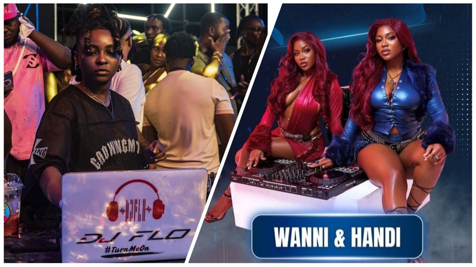 Nigerian DJ Flo performs live at a crowded event, while popular twin DJs Wanni and Handi pose stylishly behind turntables in a promotional poster for their Big Brother Naija Saturday Night Party set.
