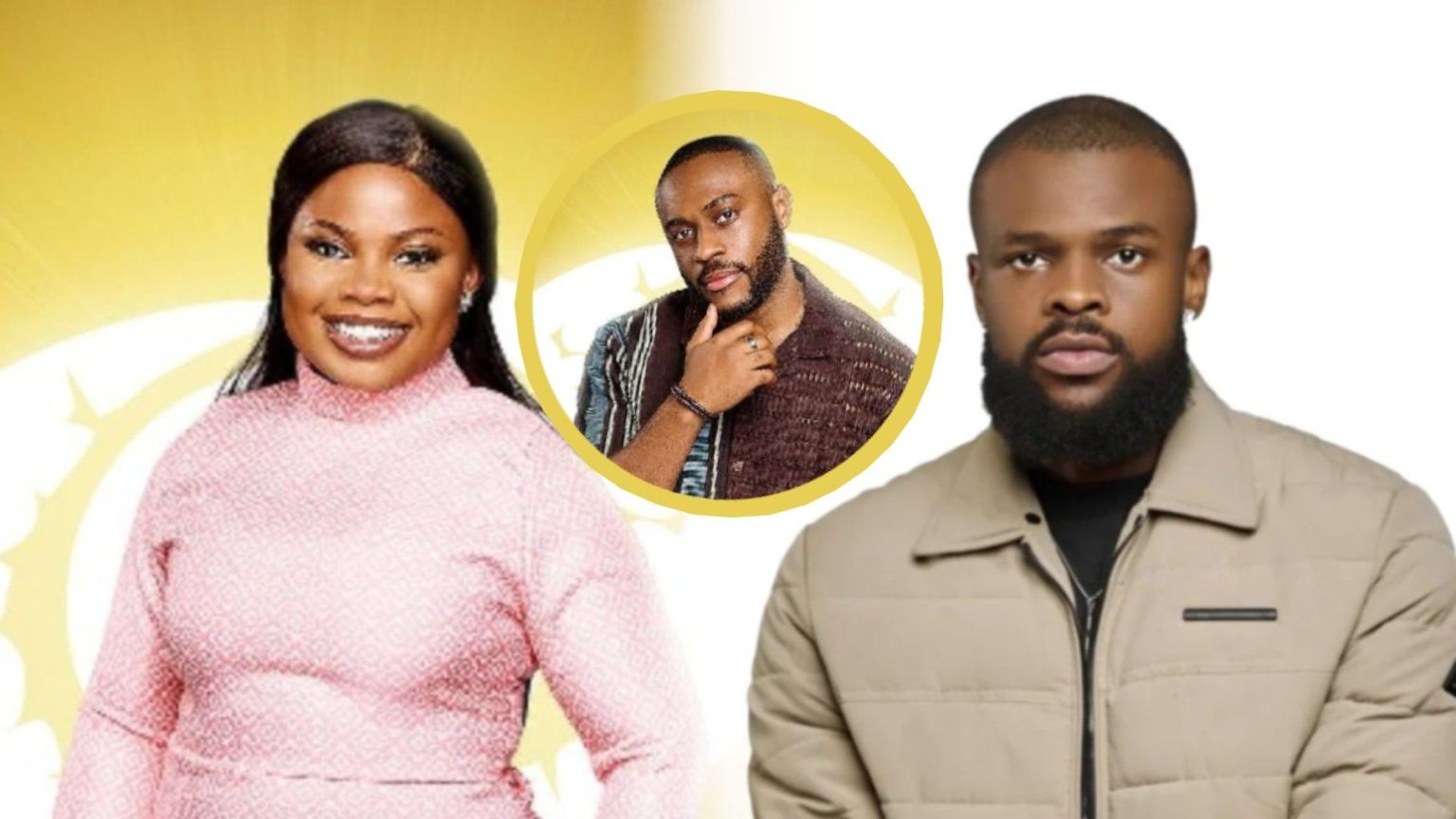 BBNaija Season 10 housemates Doris and Denari pose side by side, with an inset image of fellow housemate Kola placed between them on a yellow background.