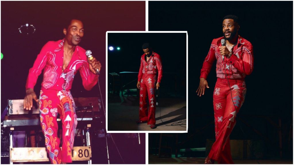 Side-by-side collage of Fela Kuti in a vintage red patterned jumpsuit and Ebuka Obi-Uchendu wearing a modern recreation of the same iconic outfit on stage.