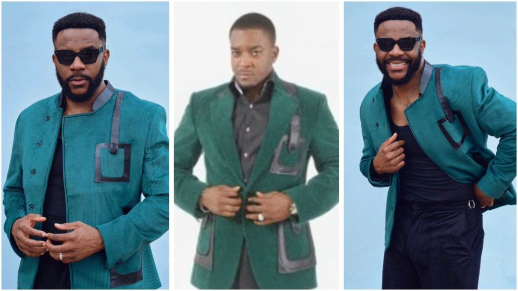 Nigerian media personality Ebuka Obi-Uchendu and actor Chidi Mokeme both pictured in stylish green jackets, showcasing similar fashion designs in separate portraits.