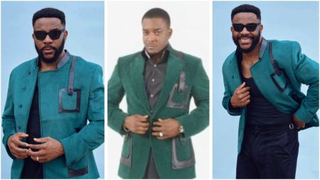 Nigerian media personality Ebuka Obi-Uchendu and actor Chidi Mokeme both pictured in stylish green jackets, showcasing similar fashion designs in separate portraits.