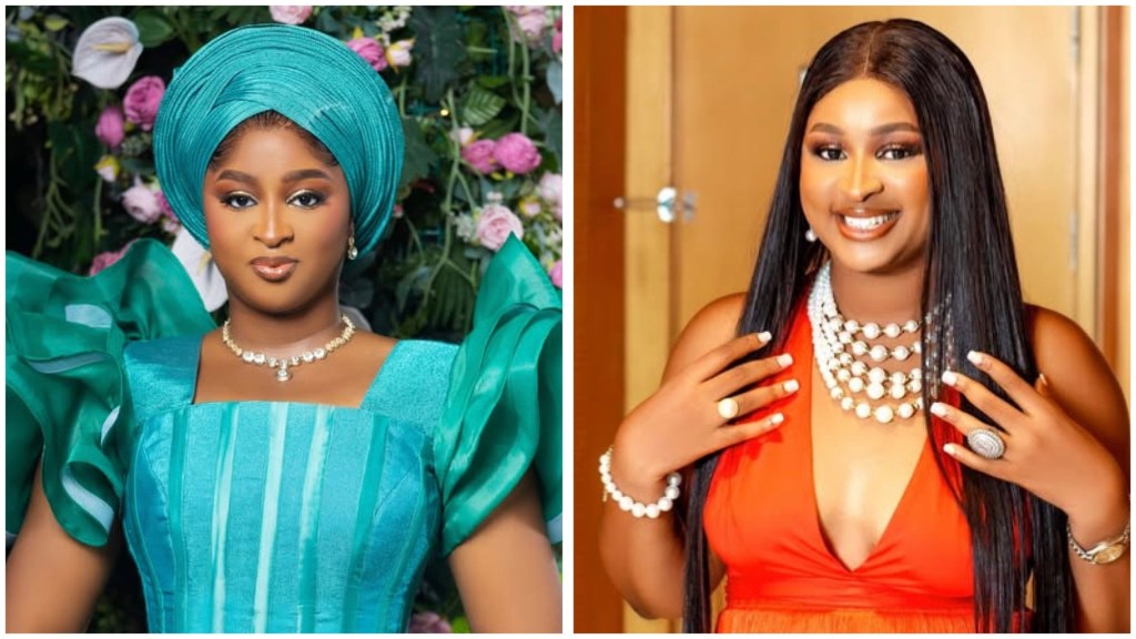 Etimosa in a teal gele and structured teal gown before a floral backdrop also in an orange V-neck dress with long straight hair, layered pearl necklaces, and manicured nails, smiling