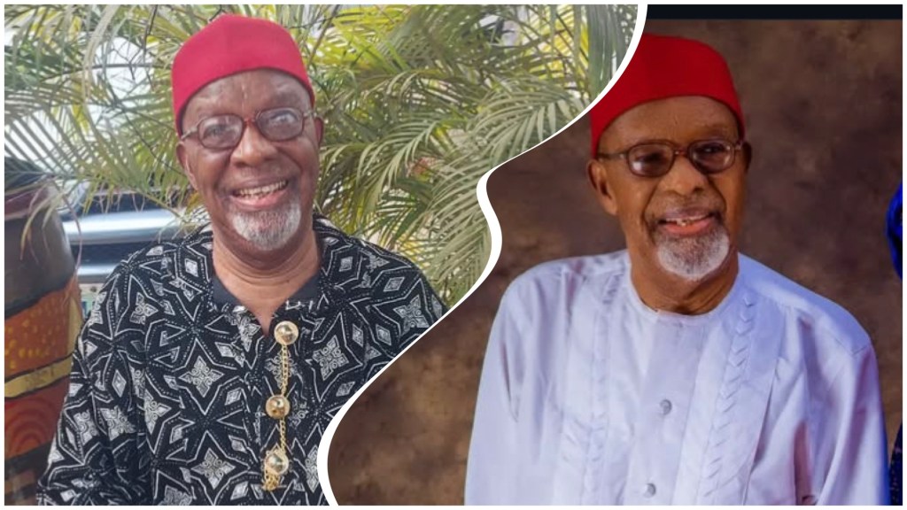Fabian Adibie in a red cap and glasses, smiling in two portraits—left outdoors in a patterned black shirt, right in white traditional attire against a studio backdro.