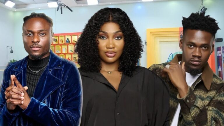 BBNaija Season 10 housemates Faith, Sultana, and Jason Jae pose confidently in the Big Brother house arena, with a stylish backdrop featuring vibrant décor and lighting.