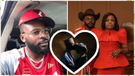 Nigerian rapper and actor Falz appears in three combined scenes. On the left, he wears an Arsenal jersey with a red cap while seated in a car. At the centre, a heart-framed photo shows him tenderly kissing a woman’s forehead in a cultural outfit. On the right, Falz is pictured alongside actress Funke Akindele, both dressed elegantly, with Funke in a striking red gown.