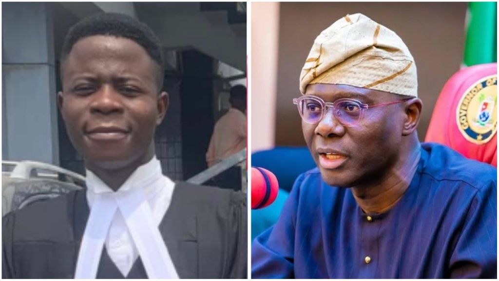 Side-by-side photo of Nigerian lawyer Festus Ogun in legal robe and Lagos State Governor Babajide Sanwo-Olu speaking at a press briefing.