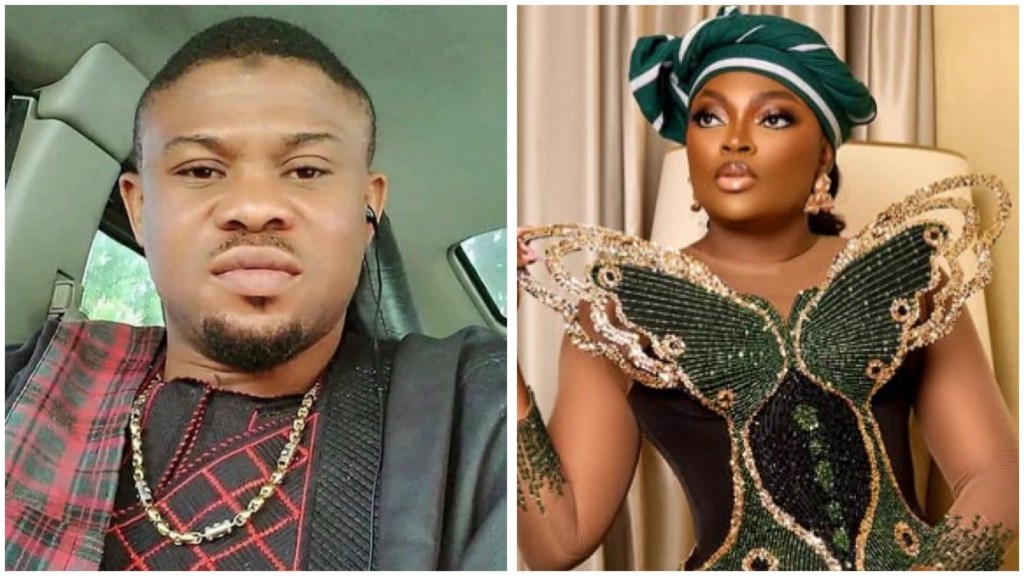 Actor Monsuru Ayanfe in a car selfie beside Funke Akindele in a green beaded butterfly gown with matching head wrap.