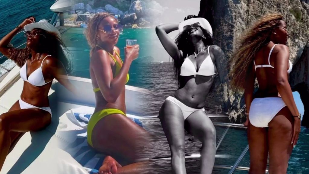 Collage of Nigerian actress Genevieve Nnaji enjoying a yacht trip. She is seen in different poses wearing white and neon green bikinis, relaxing, holding a drink, and posing against scenic ocean and rocky backgrounds, with one image in black and white.