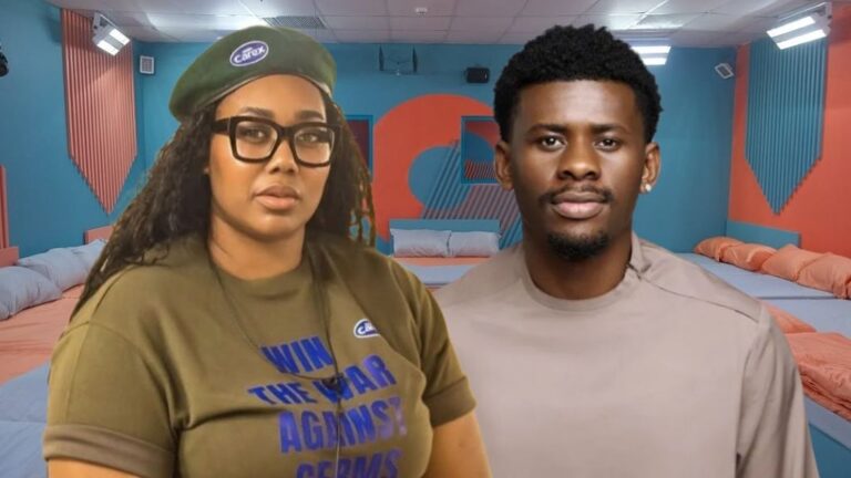 BBNaija Season 10 housemates Gigi Jasmine and Victory pose in the Big Brother house bedroom, with Gigi Jasmine wearing a green beret and t-shirt, and Victory in a light brown top.