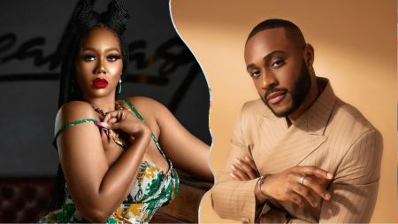 BBNaija Season 10 housemates Gigi Jasmine and Kola pictured side by side in a split image; Gigi poses in a floral outfit with bold red lipstick, while Kola wears a beige pinstripe suit against a soft backdrop.