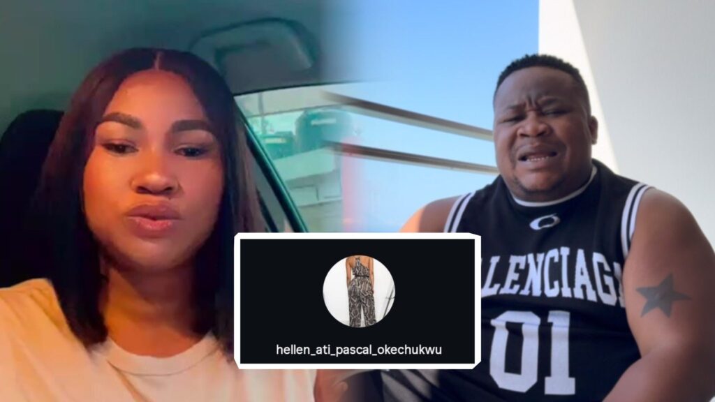 Collage showing Hellen Ati in a car wearing a beige top, Cubana Chief Priest outdoors in a black Balenciaga sleeveless shirt, and a screenshot of Hellen’s new Instagram username “hellen_ati_pascal_okechukwu” with a profile picture of her in a sleeveless jumpsuit facing away from the camera.