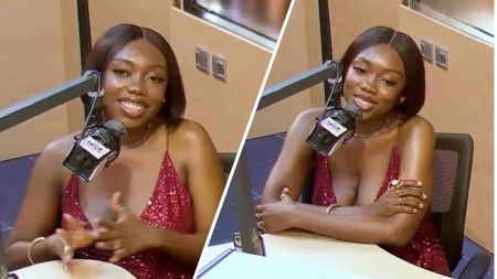 BBNaija Season 10 housemate Ibifubara speaks during a radio interview, smiling while dressed in a sparkling red gown.