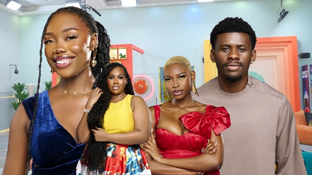 BBNaija Season 10 housemates Ibifubara, Jasmine, Joanna, and Victory pose together in the Big Brother house arena, dressed in colourful and stylish outfits.