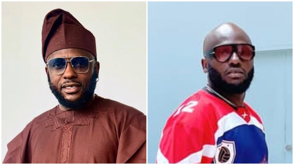 IGoSave wearing a brown native outfit and another shot in a red and blue jersey during his European tour.