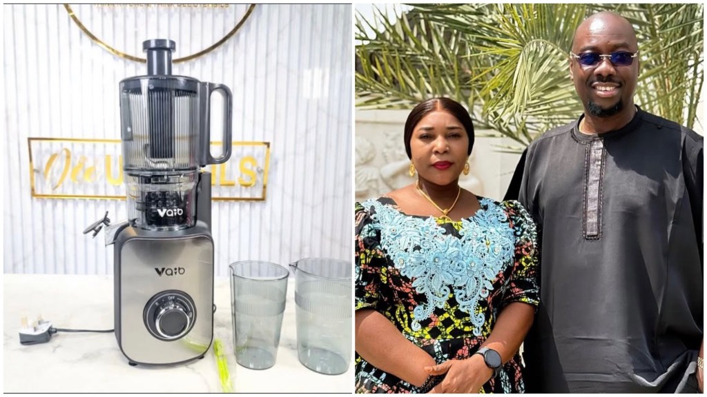 The Vaib Slow Juicer on a counter with two cups. Obi Cubana standing with Dee Utensils CEO outdoors.