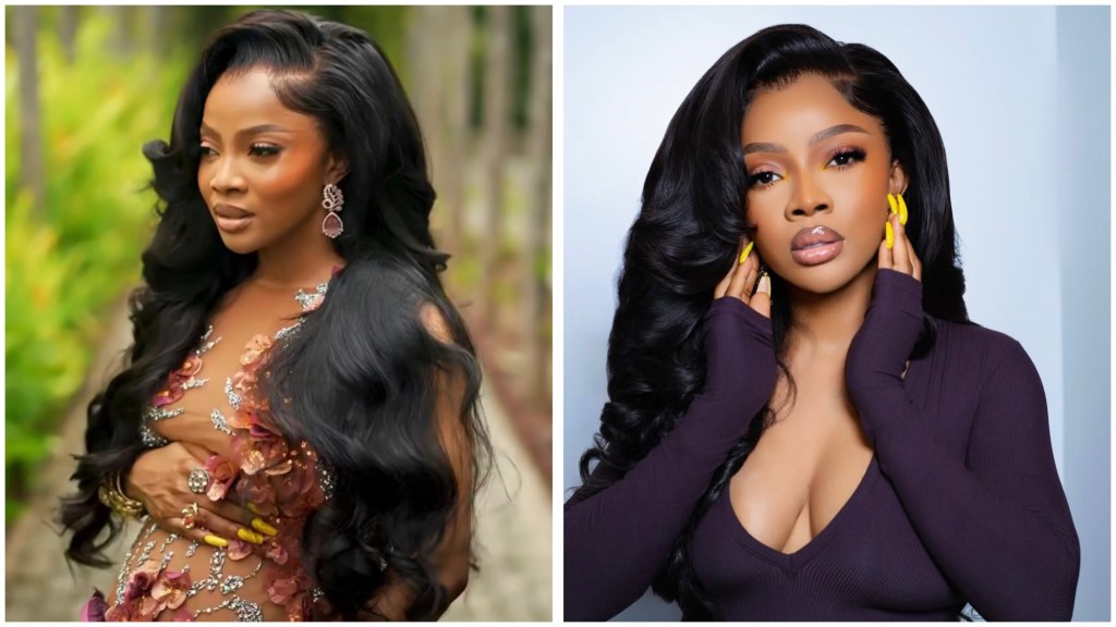 Toke Makinwa with long wavy black hair, in a floral embellished gown, right in a deep-plunge purple top.