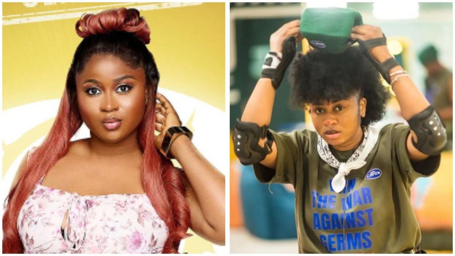 Big Brother Naija Season 10 housemate Imisi pictured in two moments. On the left, she poses in her floral dress for her official portrait. On the right, she wears a Carex-branded T-shirt with elbow guards, adjusting a green cap during a house task.