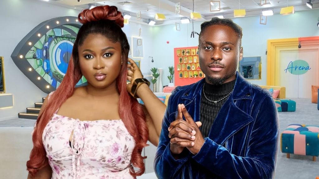 BBNaija Season 10 housemates Imisi in a floral dress with long reddish hair and Faith in a blue velvet jacket posing inside the Big Brother house.