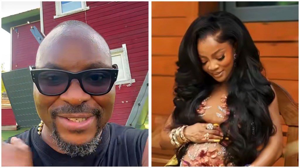 Isaac Fayose in sunglasses near a red building; Toke Makinwa seated maternity portrait with long curls and embellished dress, hand resting on baby bump.
