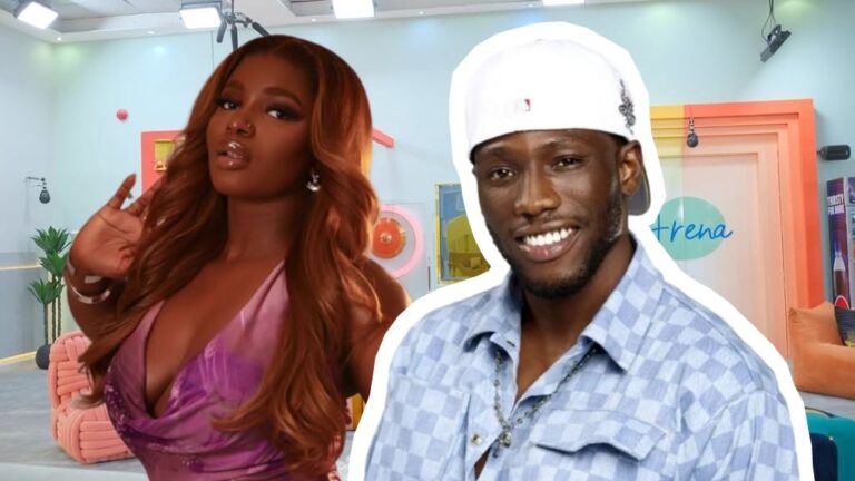 BBNaija Season 10 housemates Isabella and Kayikunmi pose stylishly in the Big Brother house arena, with Isabella in a purple dress and Kayikunmi smiling in a blue checkered shirt and white cap.