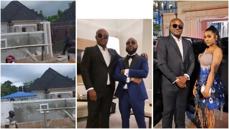 Collage showing Isreal DMW's newly built house under construction (left), Isreal DMW posing with Davido in suits (centre), and Isreal DMW posing with Chioma in an elegant blue and silver dress (right).