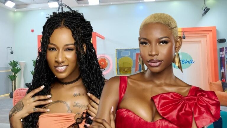 BBNaija Season 10 housemates Ivatar and Joanna strike bold poses inside the Big Brother house, standing against a colourful arena backdrop.