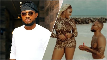 A split image showing Nigerian auto dealer IVD and his partner Blessing CEO. On the left, IVD is dressed in a white outfit with sunglasses and a black cap, posing indoors. On the right, he is shirtless and kneeling on a beach, holding an open ring box while proposing to Blessing CEO, who is smiling and dressed in a leopard-print outfit.