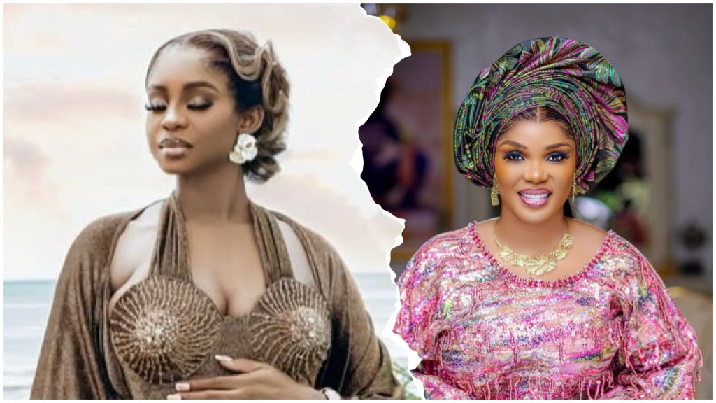  Priscilla Ojo in a bronze, shell-beaded maternity gown with vintage waves, eyes closed, cradling her bump by the seaside; right, Iyabo Ojo indoors in pink lace with a multicolour gele and gold jewellery