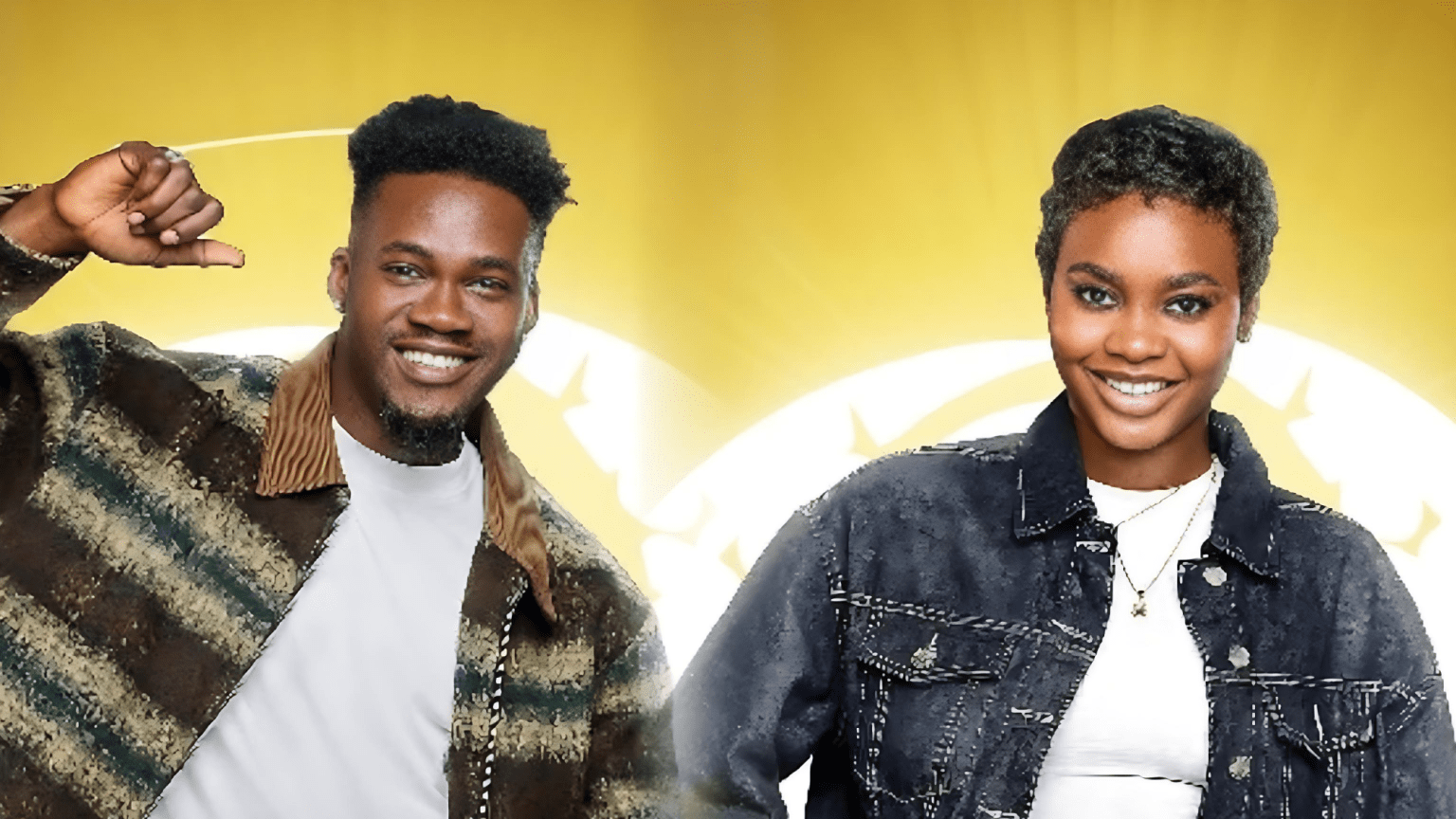 BBNaija Season 10 housemates Jason Jae and Dede pose with bright smiles against a yellow background featuring a certified stamp design.