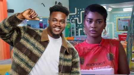 BBNaija Season 10 housemates Jason Jae smiling and raising his fist beside Dede, who appears serious, inside the Big Brother Naija house.