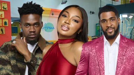 BBNaija Season 10 housemates Jason Jae, Mide, and Bright Morgan pose stylishly inside the Big Brother Naija house, showing off their different fashion looks.