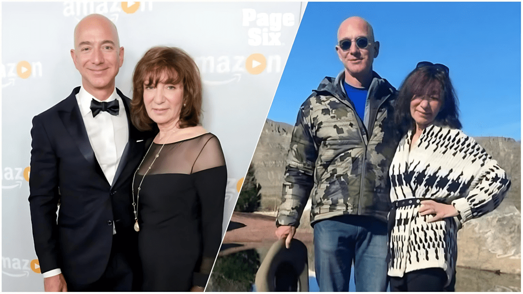 Jeff Bezos with his mother, Jackie Bezos — side-by-side collage: left at an Amazon red-carpet (he in tux, she in black dress); right outdoors (he in camo jacket and shades; she in a white-and-black cardigan).
