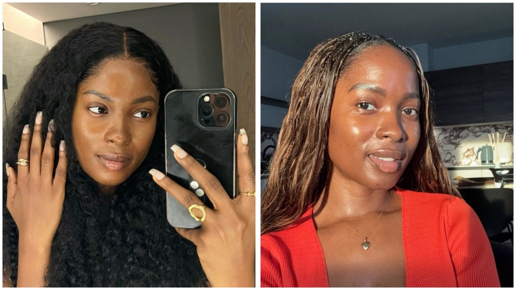 Jemima Osunde in a mirror picture and also in a red top in a sunlit indoor kitchen.