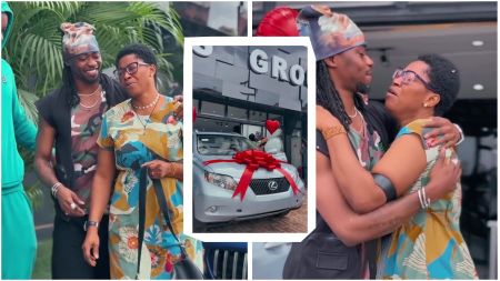 Jeriq gifts mum car at Tino Autos as they hug beside a silver SUV with a red bow and red heart balloons.