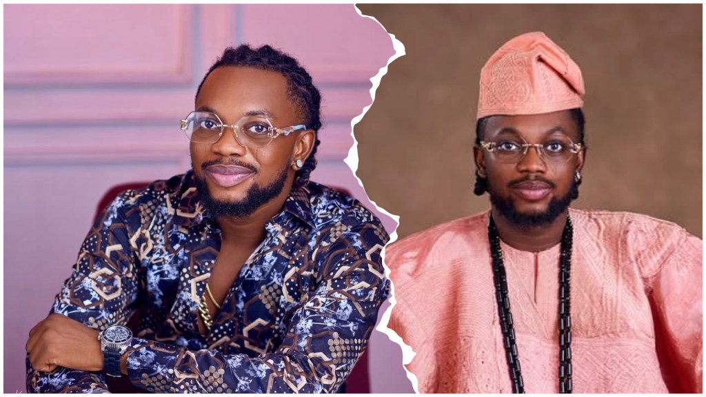 Jidex with clear glasses; left in a patterned shirt, right in peach agbada and cap, separated by a torn-edge divide, showcasing Jidex Klothing style